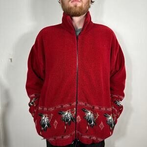 Vintage Obvious USA Made Fleece Jacket Large Red Full Zip Bird Pattern